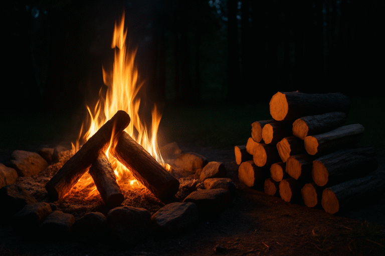 Nighttime backyard fire pit with glowing logs and stacked firewood